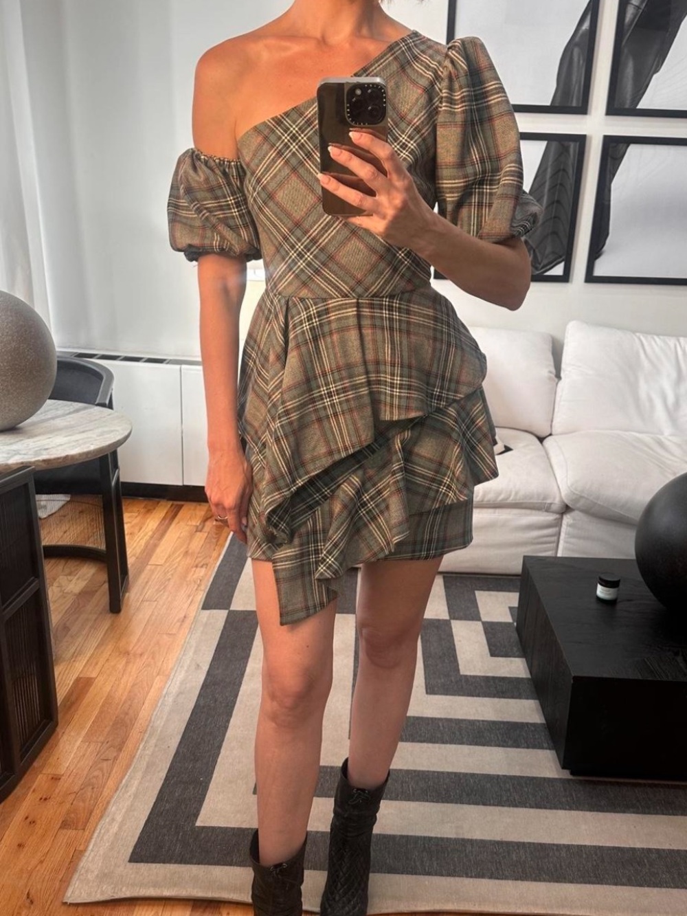 AMUR One-Shoulder Plaid Ruffle Mini Dress in Green and Tan